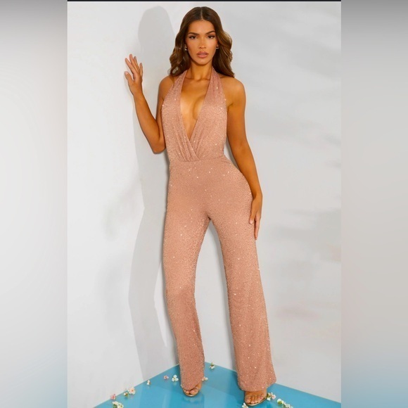 Oh Polly Pants - Oh Polly Embellished Plunge Neck Backless Halter Jumpsuit Beige Beaded Sequins 2